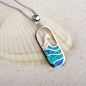 925 Silver and Hawaii Blue Fire Opal Wave  Pendent with 925 Chain Necklace